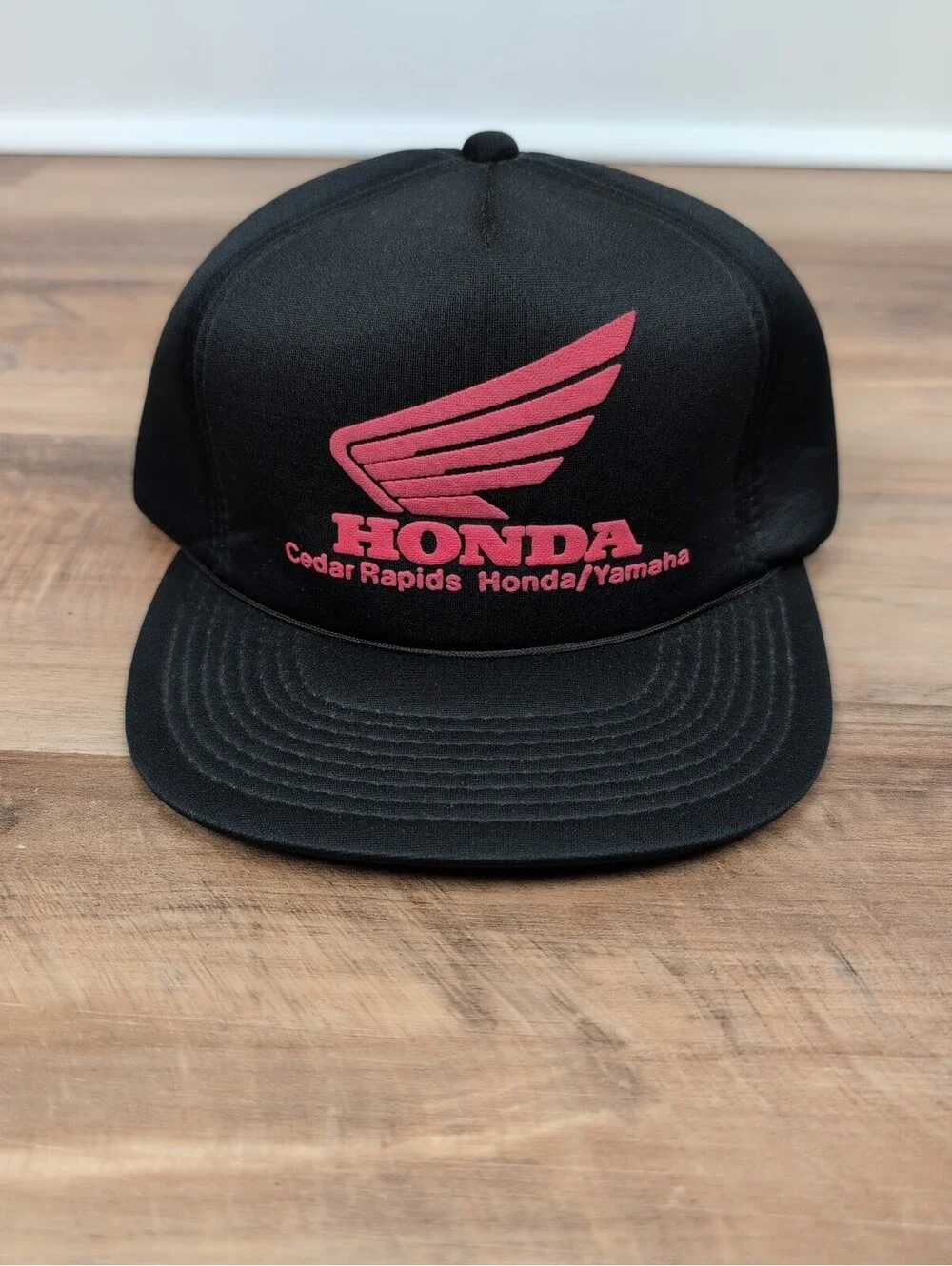 Vintage Honda Motors Hat Cap Snap Back Black Red Wing Logo Rare Cedar Rapids